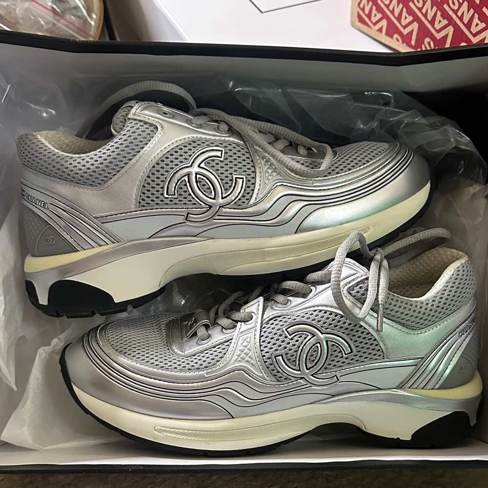 CHANEL Metallic Silver Women’s Sneakers
